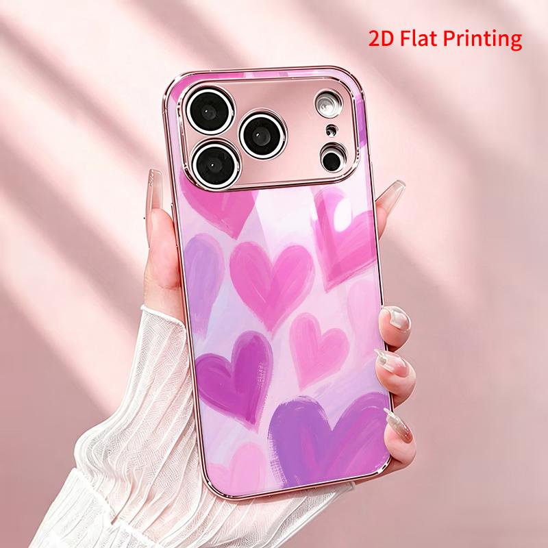 2DFlat electroplated tempered glass phone case,Pink and purple hearts pattern.,suitable for iPhone 18 Pro Max 17 16 15 14 13 12 11