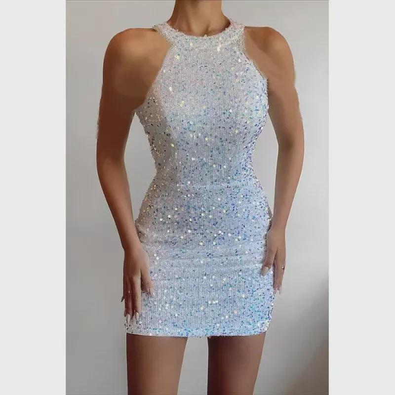 European & American 2025 Fashion Halter-Neck Crystal Tassel Sequin Evening Dress