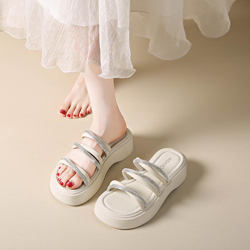 CRLAYDK Womens Platform Sandals Outdoor Summer Leather Casual Slides Rhinestone Strappy Slip On Beach Ladies Walking Slippers