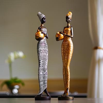 Resin Painted Black Statue Decor Figurines Retro African Women Holding Pottery Pots Home Bedroom Desktop Collection Items