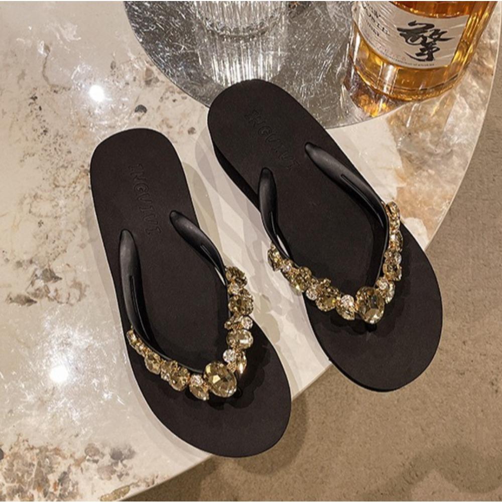 Fashion Summer New Water Diamond Flip Flops Women's Slope Heel Fashion Clip Toe Womens Shoes Casual Wear Non Slip Mid Heel Beach Sandals