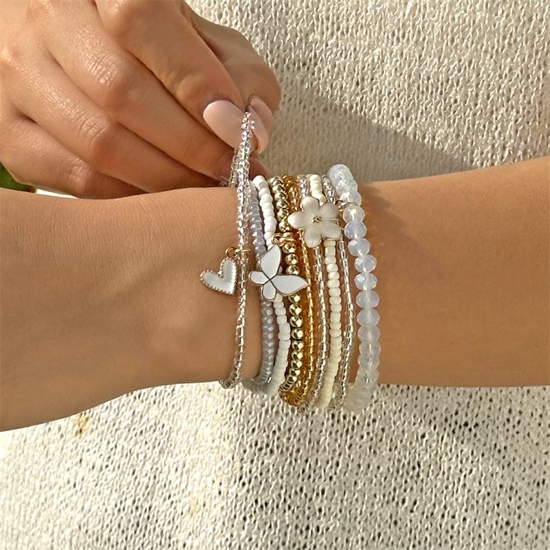 9pcs/set Bohemian Butterfly Flower Pendant Bracelet for Women Handmade Rice Beads Stacked Bracelet Summer Beach Party Jewelry