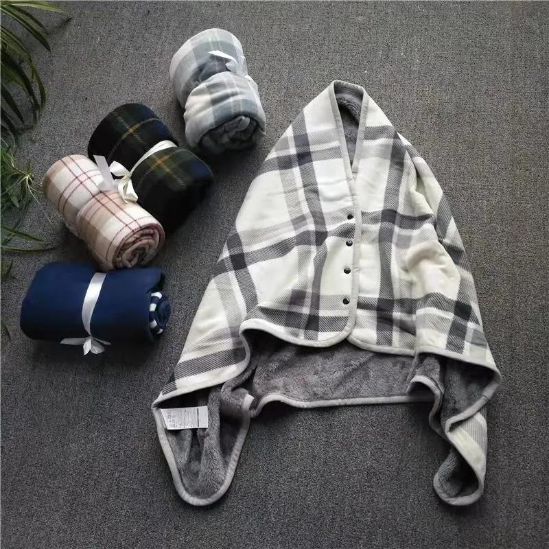 Shawl Cloak Blanket Autumn and Winter Thickening Heating Thermal Office Nap Blanket Air Conditioning Blanket Flannel Buckle Cover Blanket