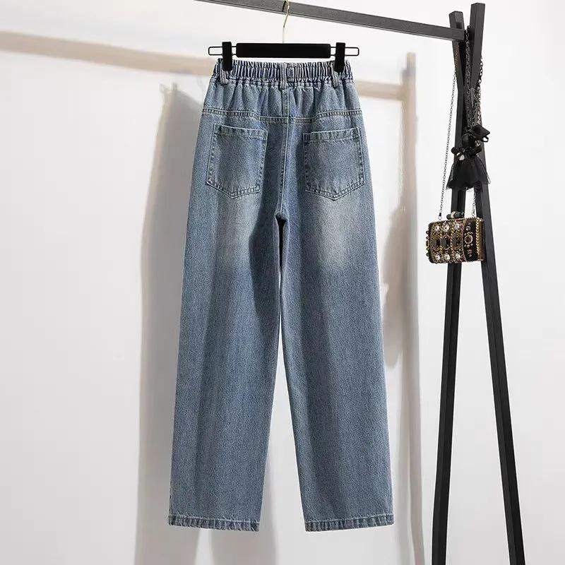 Plus Size Elastic Waist Drawstring Jeans Women's Summer Korean Fashion High Waist Loose and Thin Wide-leg Pants