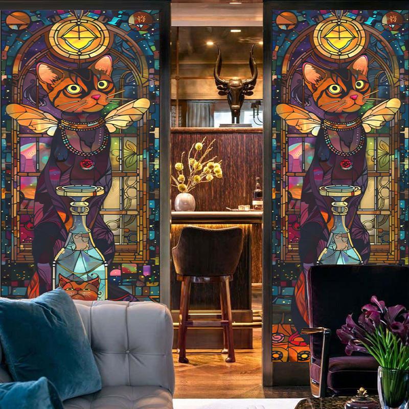 European Retro Church Window Film Self-Adhesive Creative Cat Art Painting Stained Glass Film Home Decor Privacy Stickers