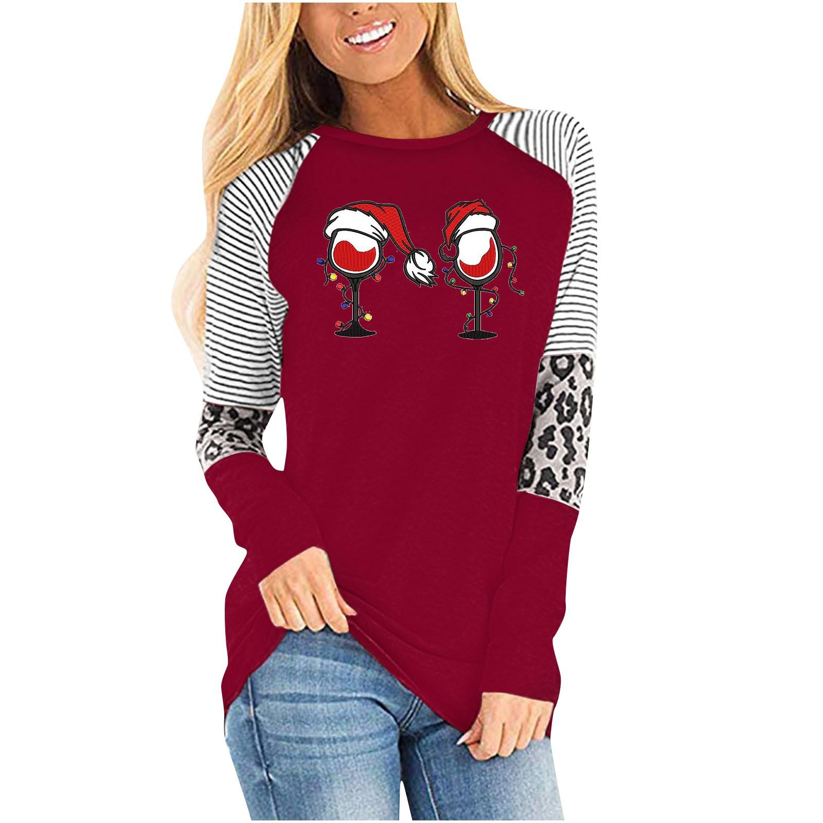 

(SU)Women s Fashion Casual Long Sleeve Christmas Print Round Neck Top