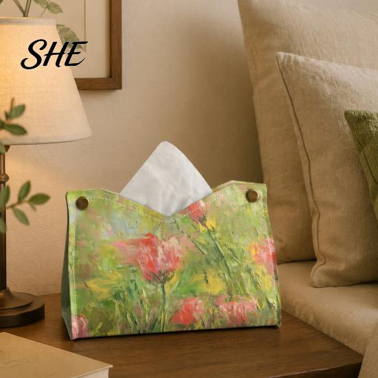 Sturdy Leather Box Tissue Cover with Oil Painting Pattern, Foldable Desktop Organizer, Napkin Holder Decorative Desk Case, Facial Paper Organizer