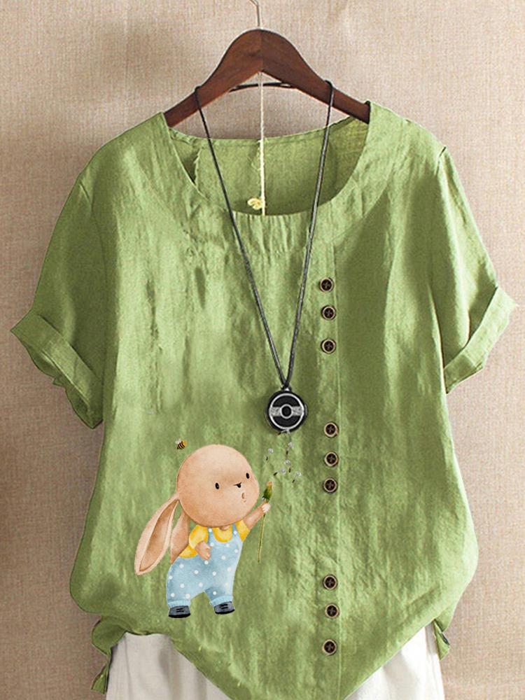 

Women s Fashion Rabbit Dandelion Print Shot Sleeve T-shirt Loose Cotton Shirt Casual Loose Summer Blouse Tops Plus Size 5XL зелений