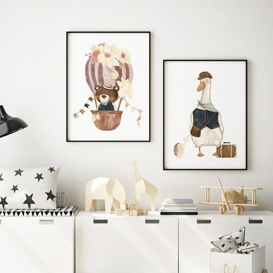 Boho Cartoon Bear Fox Goose Deer Hot Air Balloon Wall Art Canvas Painting Posters And Prints Pictures For Baby Kids Room Decor