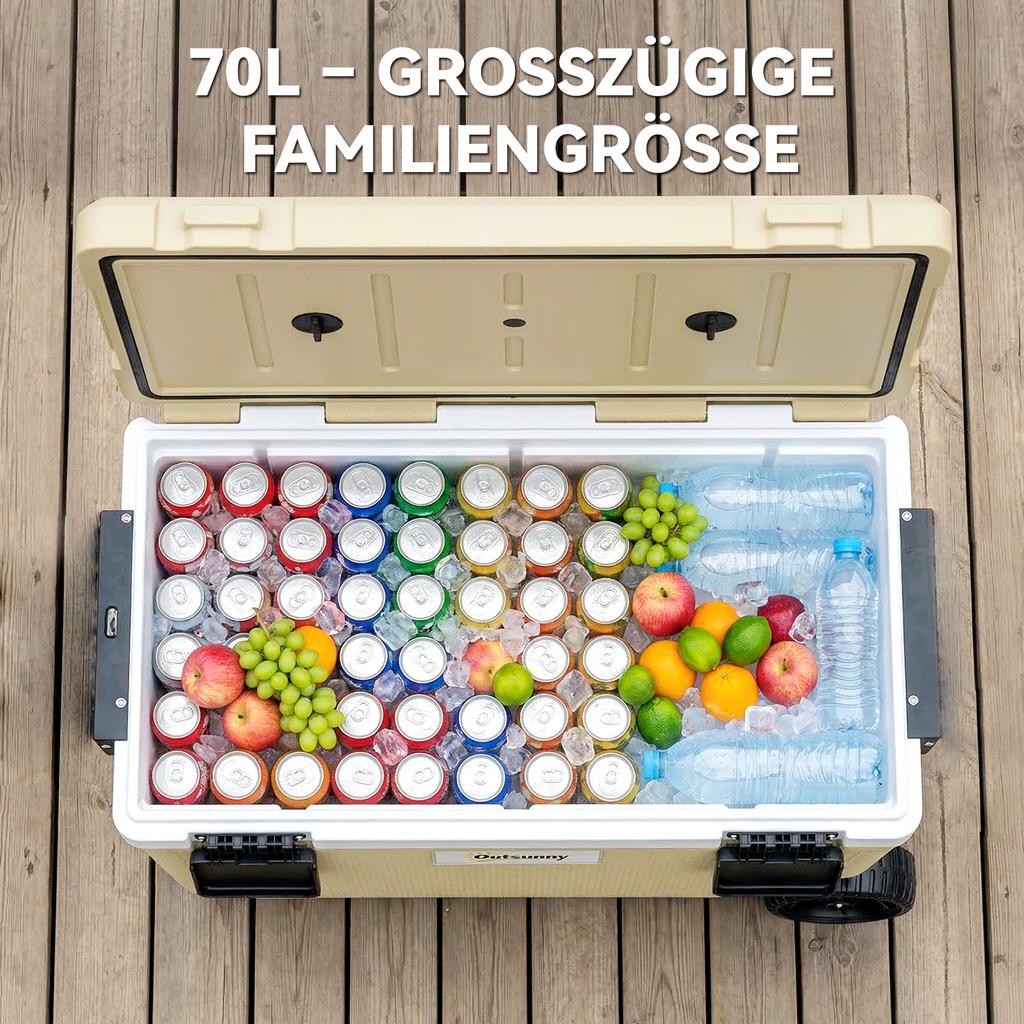 70L Insulated Cool Box with Wheels, Portable Ice Cooler with Handle, Lid and Drain Valve, Khaki