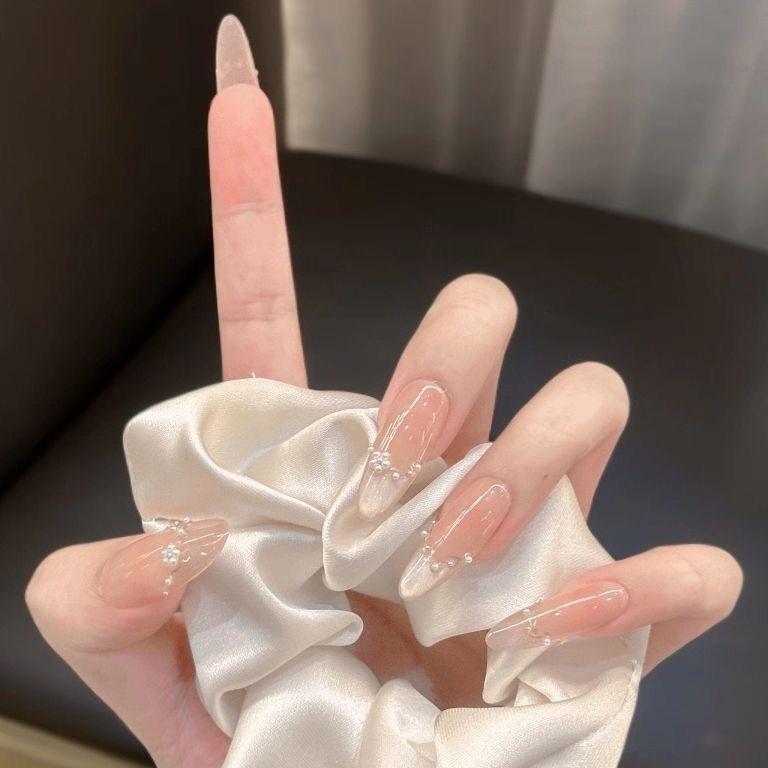 Pearl Gradient French Almond Nails - Transparent, Long, Removable, Whitening Fake Nail Tips