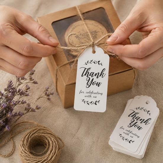 Decorative Tags for Wedding Stationery 100Pcs Paper Thank You with String, Rectangular Gift Tags, Pre-Punched Vintage Style Labels Packaging