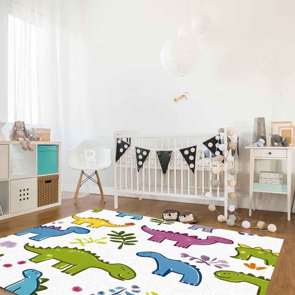 Cartoon Dinosaur Washable Area Rugs Simple Cute Non Slip Rugs for Living Room Bedroom, Low Pile Floor Mat Large Indoor Carpet