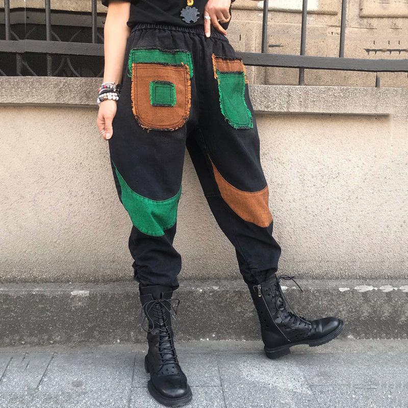 Patchwork Kapesní volné džínové kalhoty Dámské Vintage Streetwear Harem Jeans Dámské 2023 Podzim Dámské kalhoty s vysokým pasem