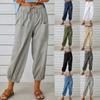 Women's Fashionable Linen Cotton Pocket Ruffle Leggings Elastic Casual Pants