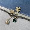 Osc Retro Gold Curved Hook Four-Leaf Clover & Teardrop Green Diamond Dangle Earrings for Women