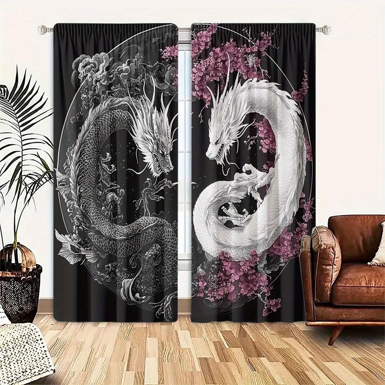 

Полиэстеровая штора 2 шт. Полиэстеровая фильтрующая штора HD Цифровой черно-белый узор дракона для украшения дома 53x116cm 2pc&Without mount