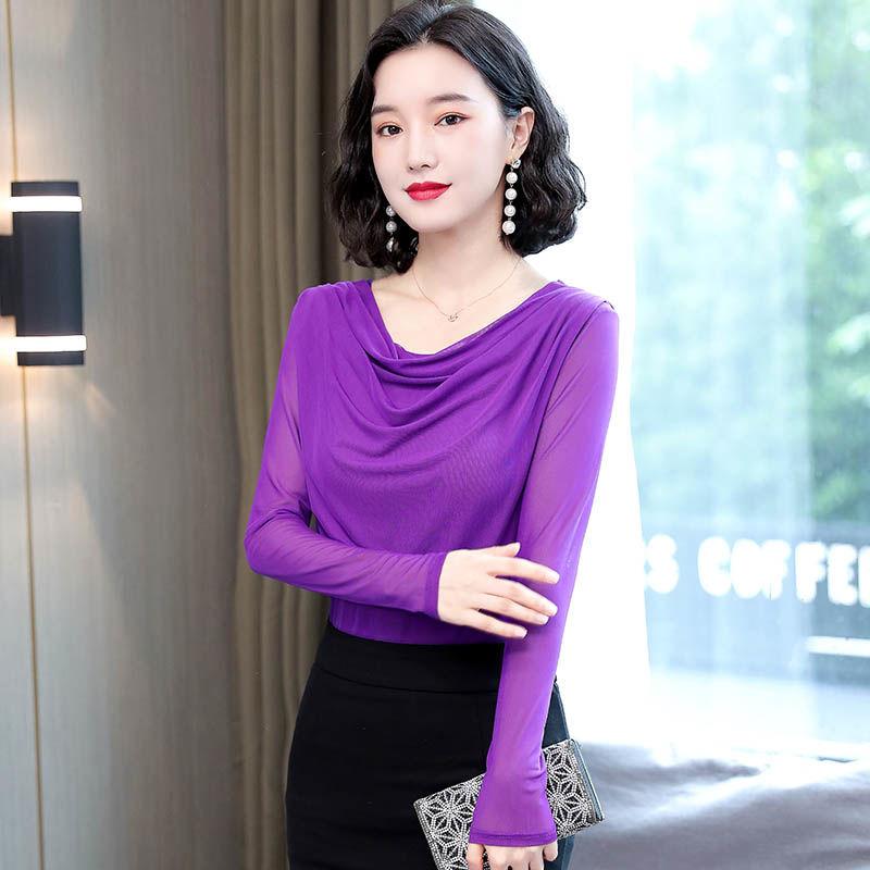 Fashion Women Spring Autumn Thin Mesh Blouse Stacked Neck Slim Fit Long Sleeve Base Layer T Shirt