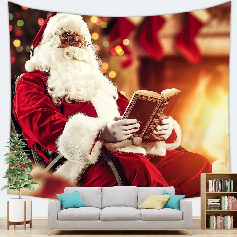 Cartoon Santa Claus Pattern Tapestry Home Bedroom Living Room Wall Decoration Christmas Theme Tapestry