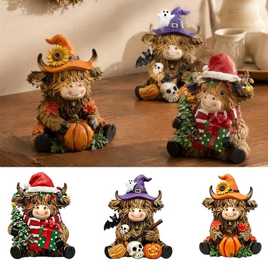 Small Decorative Figurines 3Pcs Highland Cow Figurine, Resin Yak Statues for Thanksgiving Christmas, Healing Gifts Friends Farmhouse Tabletop