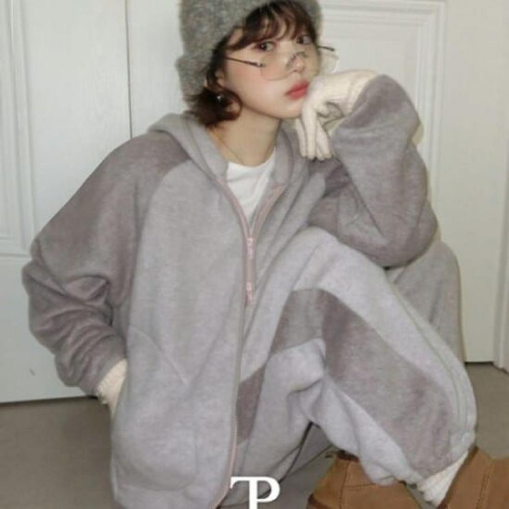 The Pink Women Half Fleece Hooded Jacket + Wide Pants