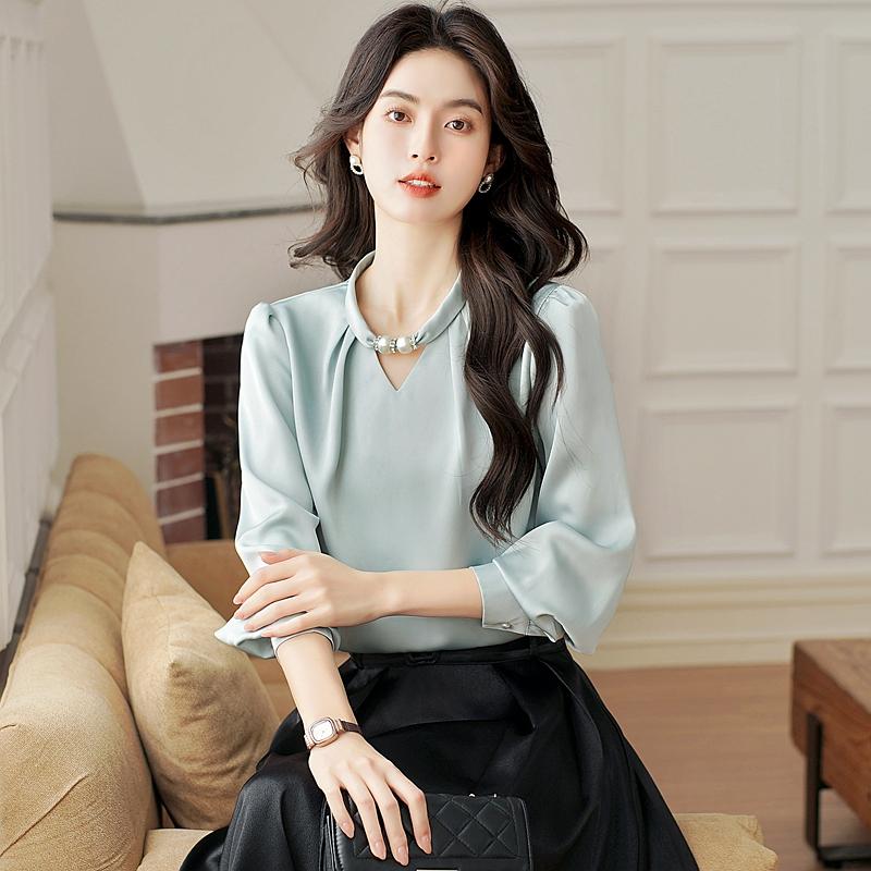 New Fashion Autumn Long Sleeve Beading O-Neck Casual Chiffon Blouse Shirt Women Tops Blouses Shirts J418