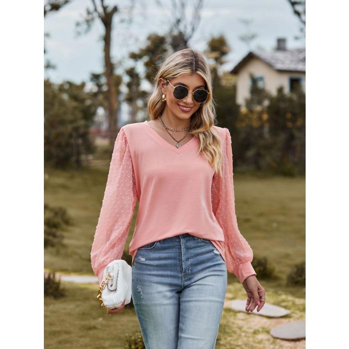 Jarní a podzimní dámská halenka Tričko s dlouhým rukávem Jednobarevné Výstřih do V Jednoduché Topy ze síťoviny