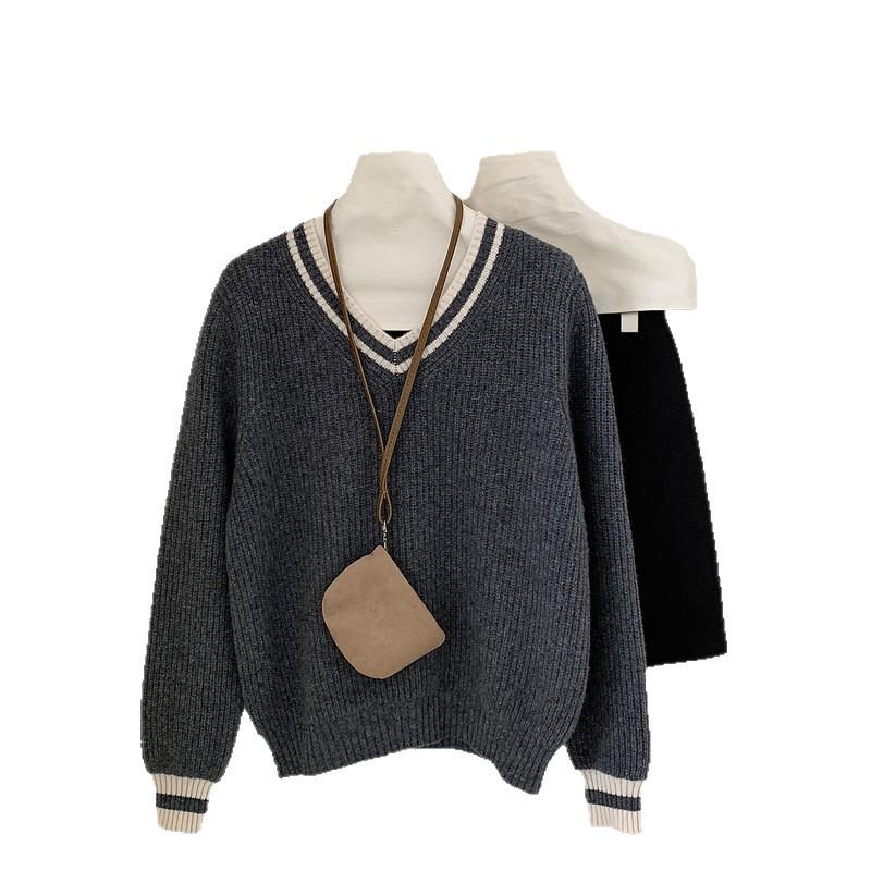 2025 Autumn/Winter Women's 100% Wool V-neck Sweater - Loose, Slimming, Versatile, Thick Knitwear