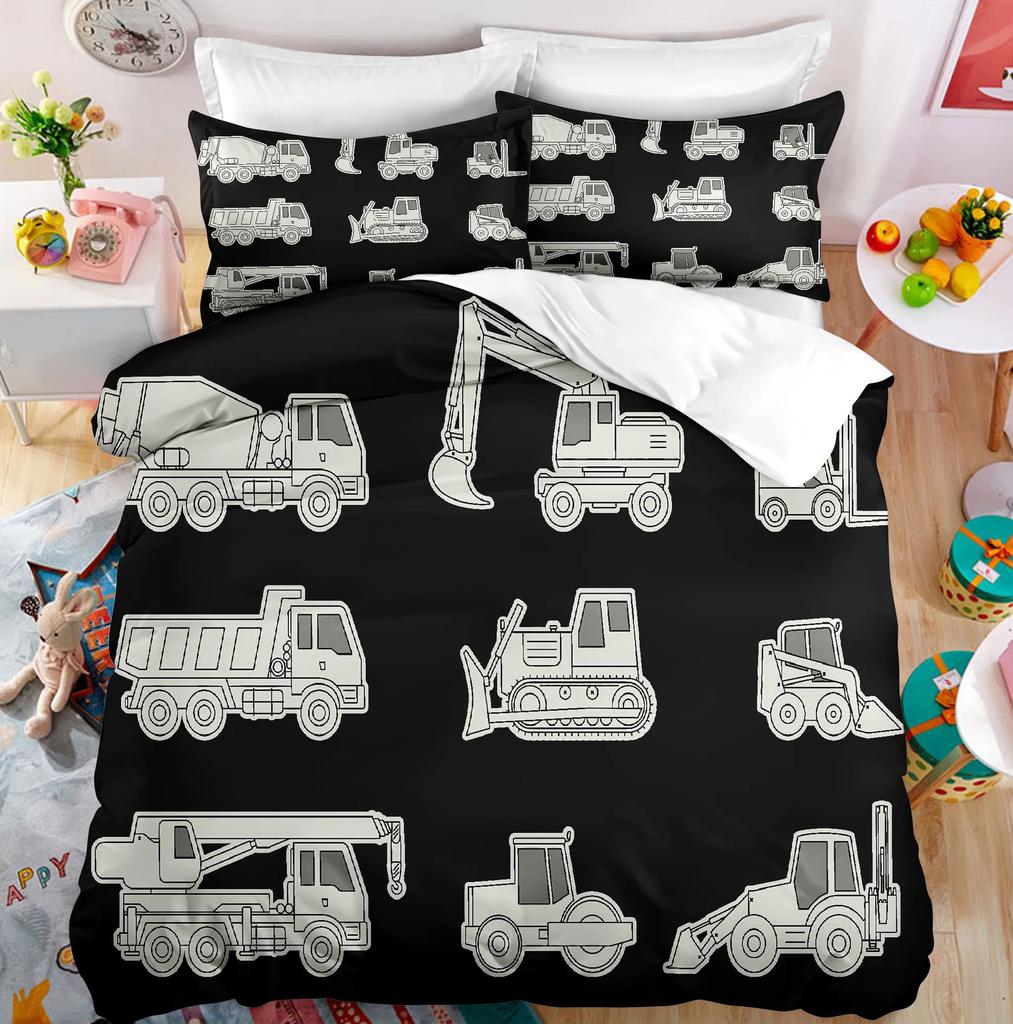 3D Print Excavator, Engineering Vehicle Bedding Set Kids Teenagers Winter Duvet Cover Set Bedroom Bed Linens Boys High-Quality