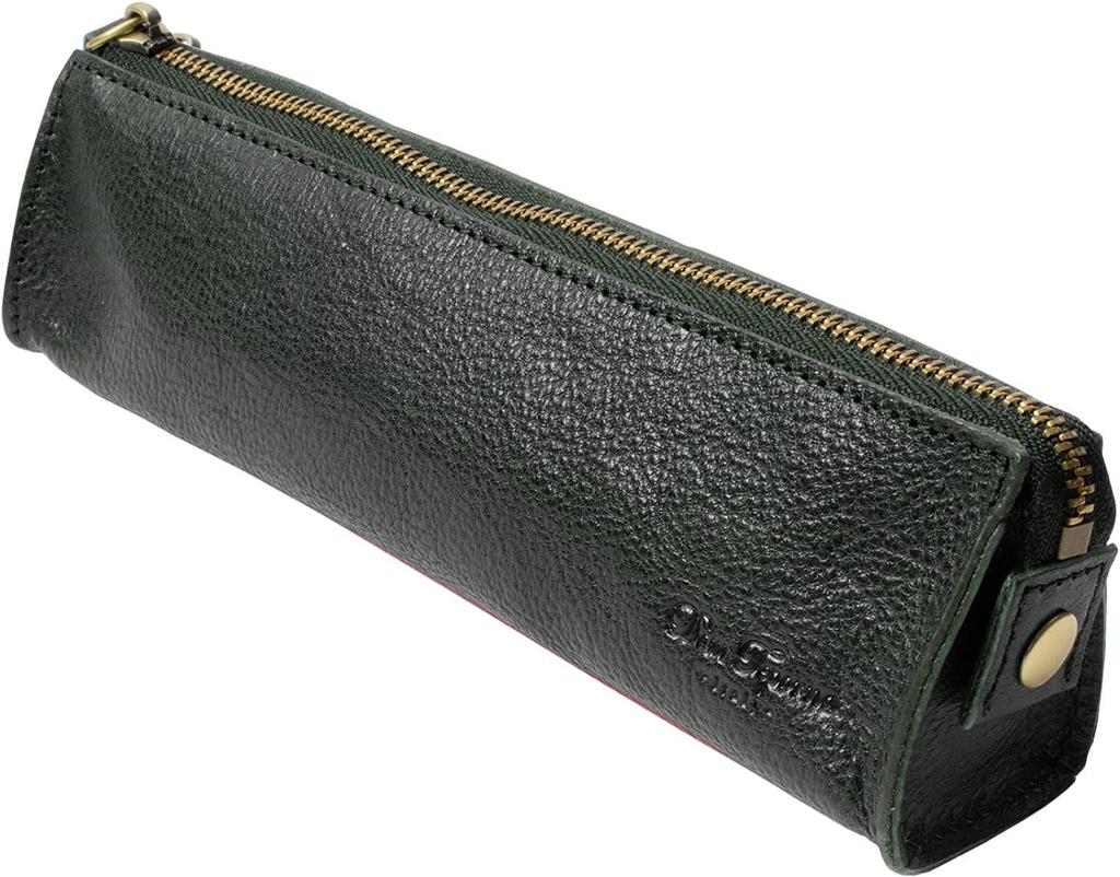 Dom Teporna Genuine Leather Pencil Case, Slim, Stylish, Italian Leather, Smooth Zipper, Small, Holds Fountain Pens, Stationery, Green