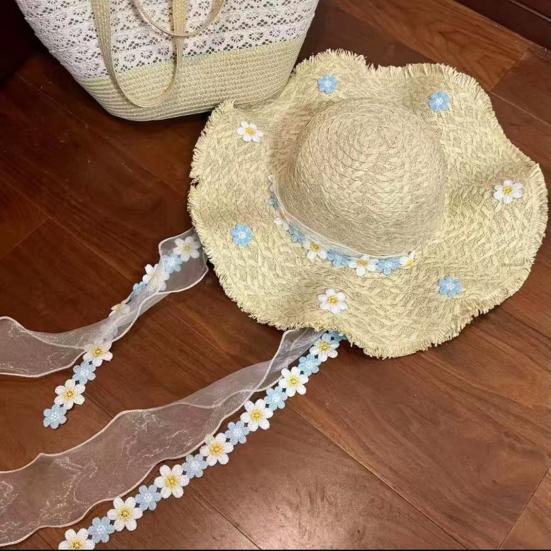 Yousheng Versatile Beach Hat, Lace Tie Straw Sun Hat with Windproof Flower Strap, Lightweight Breathable Summer Travel Hat
