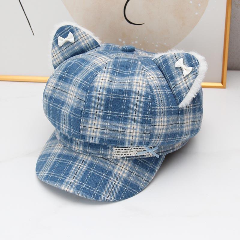 Cute kitten ears plaid octagonal hat women's autumn and winter British college style shows the face of the small versatile newsboy hat tide