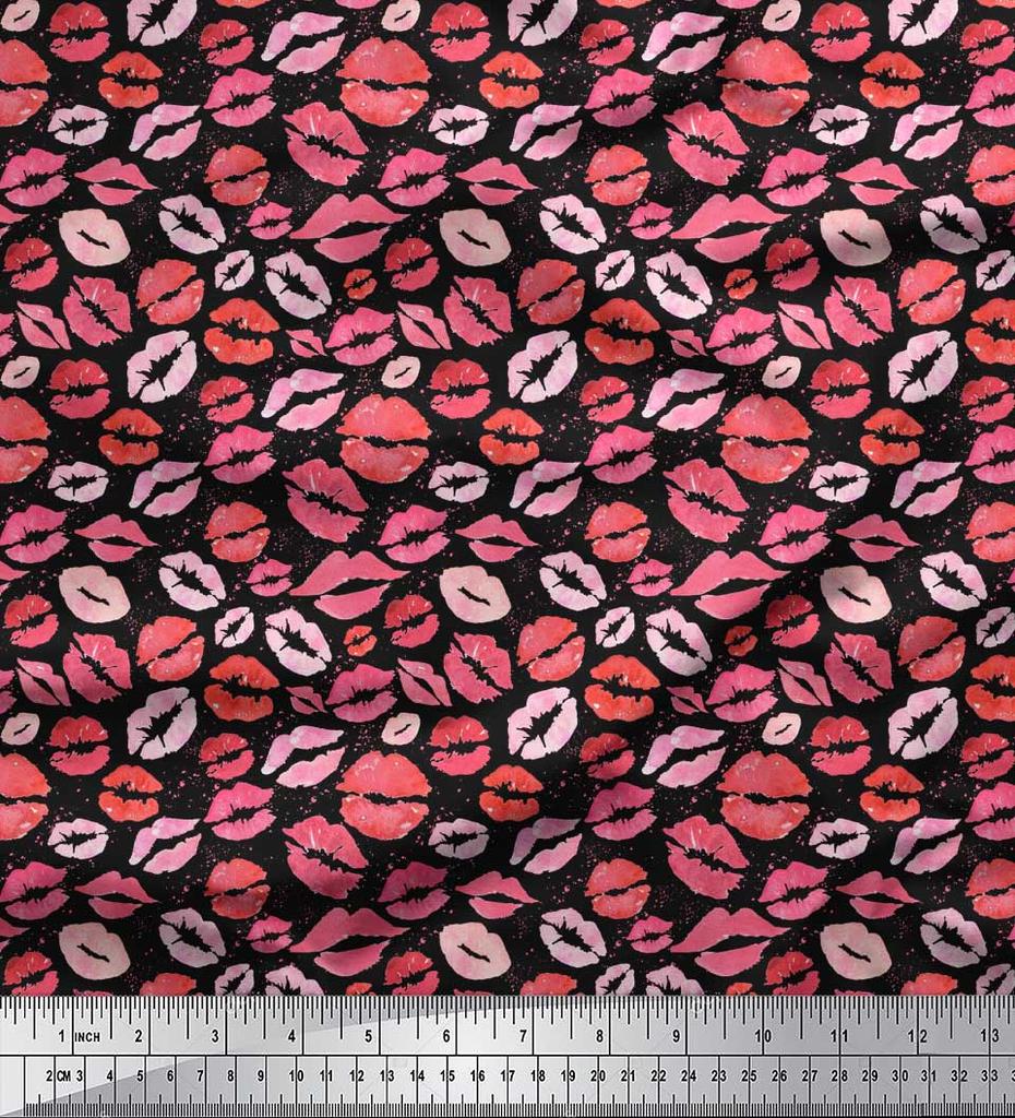 Soimoi Black Japan Crepe Satin Fabric Lips Women Print Fabric by Metre 42 Inch