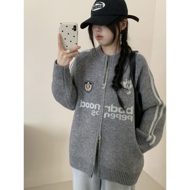 Letter Decorated Ladies Sweaters Baseball Style Loose Double Zipper Cardigan Autumn Versatile Solid Color Women's Coats