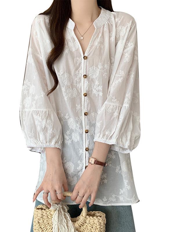 Damen Herbst Französisch Retro Bestickte Spitze Bluse - Große Größen Siebenärmel Schickes Oberteil (2025)