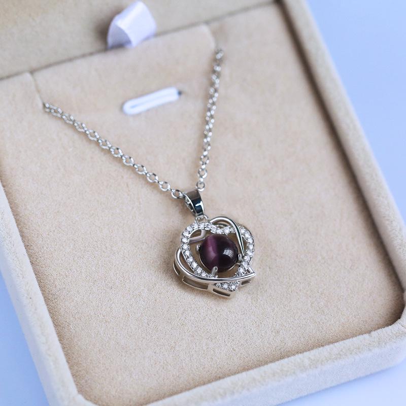Silver Plated Cat's Eye Stone Double Heart Pendant Necklace, Sparkling CZ Halo Cable Chain Necklace for Women