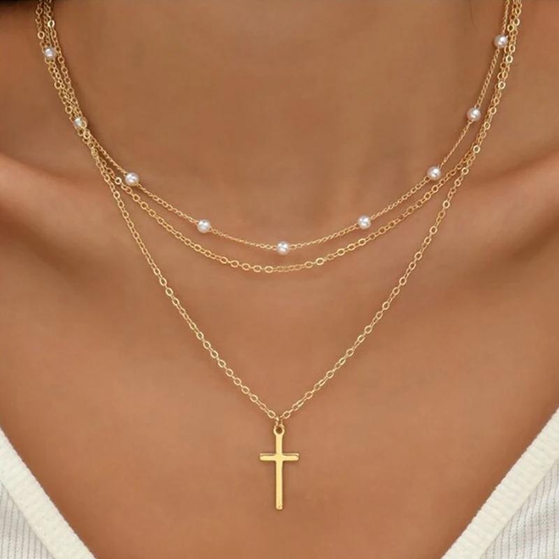 LATS Multilayer Pearl Cross Love Heart Pendant Necklaces for Women Gold Color Fashion Collarbone Neck Chain Trend Jewelry