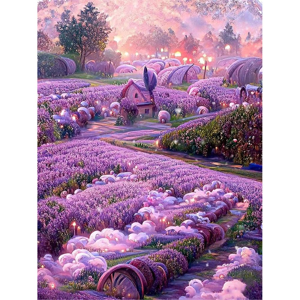 5D DIY Diamond Painting Beautiful Lavender House and Landscape Mosaic Diamond Embroidery Painting Full Rhinestone Home Decor