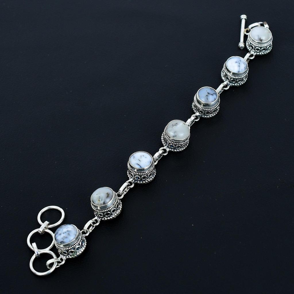 Pulseira de Opala Dendrítica Natural Pulseira de Prata Esterlina 925 Pulseira com Corrente Ajustável Pulseira Boho Feita à Mão Joias de Pedra Preciosa Presentes de Noivado