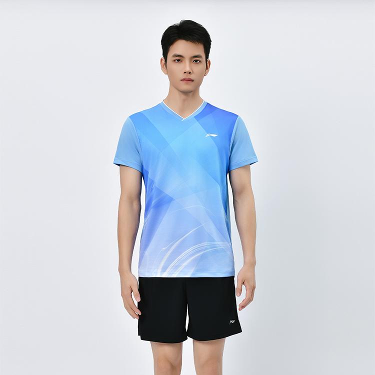 Li Ning Serie Tennis da Tavolo Sport Casual Minimalista Color Block T-Shirt Manica Corta Unisex Top Azzurro AAYV071-3