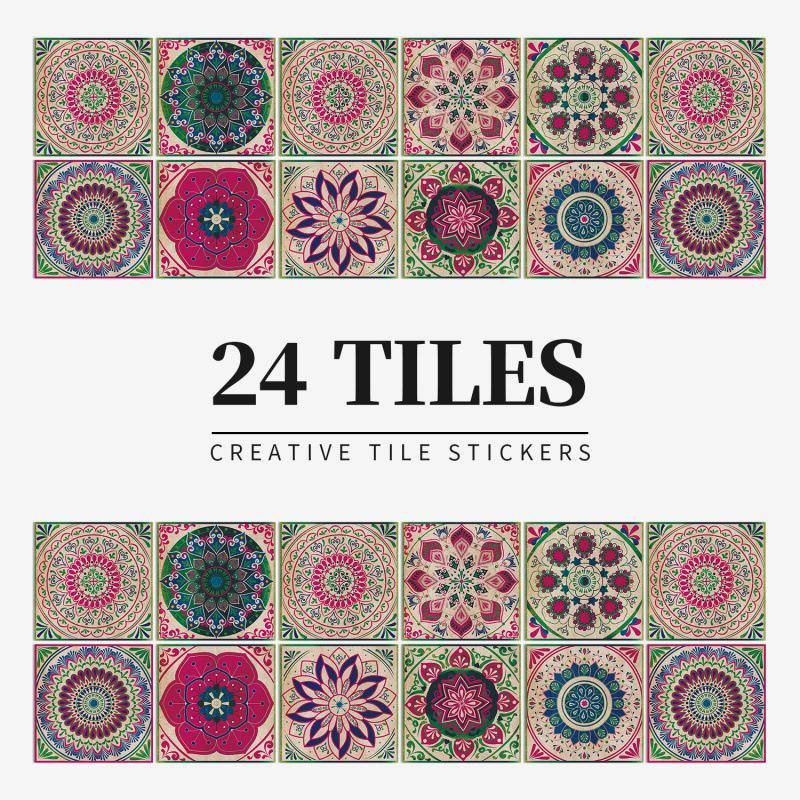 24 European Mandala Flower Tile Stickers: Waterproof, Self-Adhesive PVC for Kitchen & Bathroom Walls