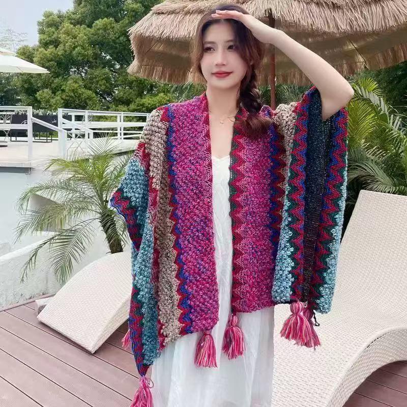 

Women s Ethnic-Style Shawl with Tassels - Fashionable Travel Outfit for Spring & Autumn