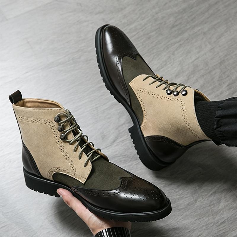 Winter Designer New Men Pointed Mix Colors Patchwork Brogues Ankle Boots Male Casual Luxury Brand High-top Shoes Zapatos Hombre