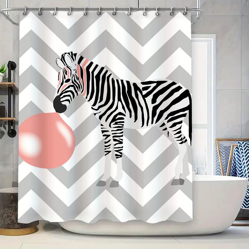 

Chevron Pattern Shower Curtain With Zebra Bubble Gum Design Bathroom Decor Accessory For Home Decoration W60H190(CM)-1 Pcs