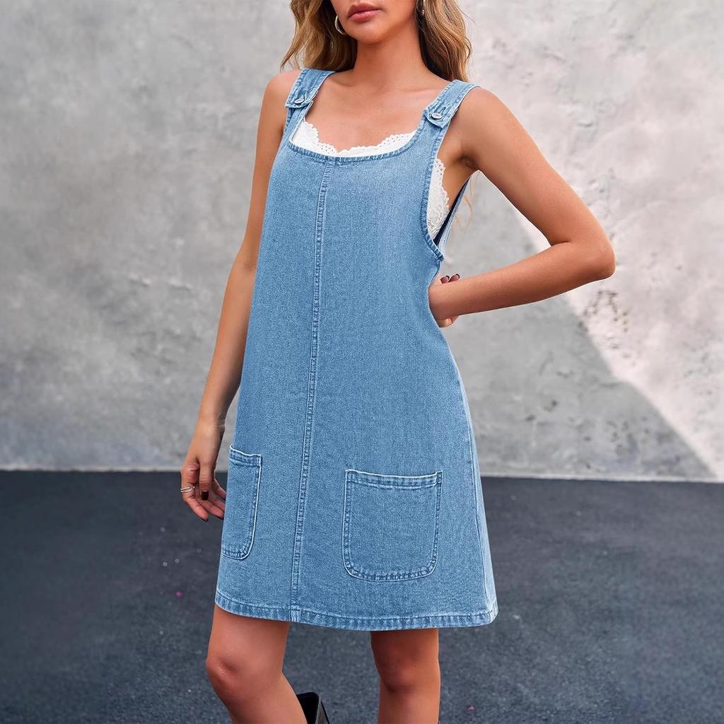 Trendy Women's Sleeveless Overall Dress, Adjustable Strap A-line Denim Dress, Casual Loose Fit Dress for Daily Wear & Weekends