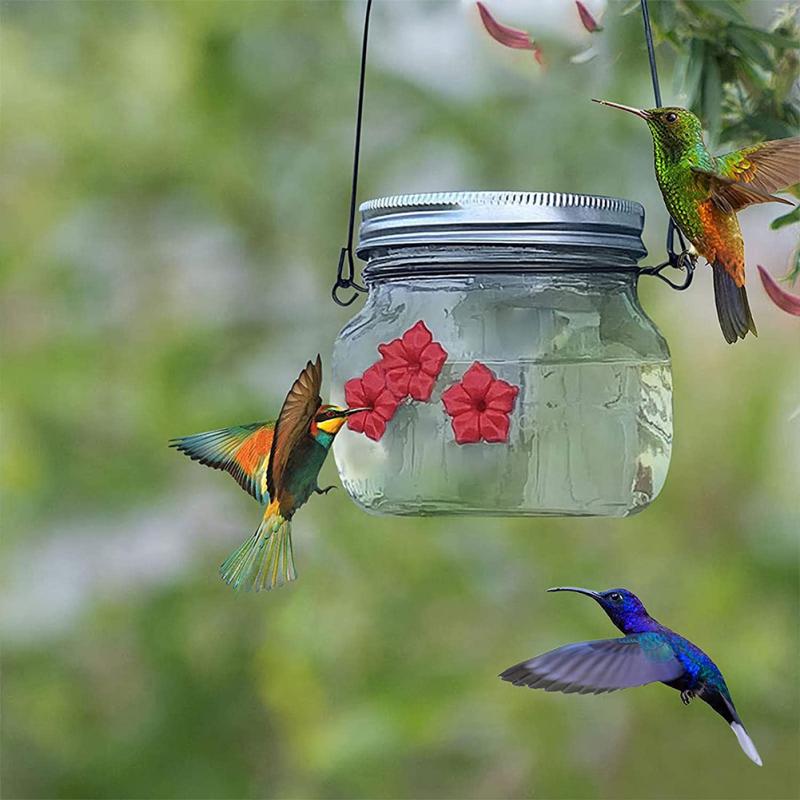 Hanging Bird Feeder Outdoor Transparent Mason Jar Flowers Decoration Hummingbird Feeder