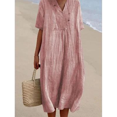 Verão Outono Decote V Vintage Pregas Vestido Algodão Linho Feminino Manga Curta Solto Casual Roupão Mulheres Cor Sólida Vestidos De Festa