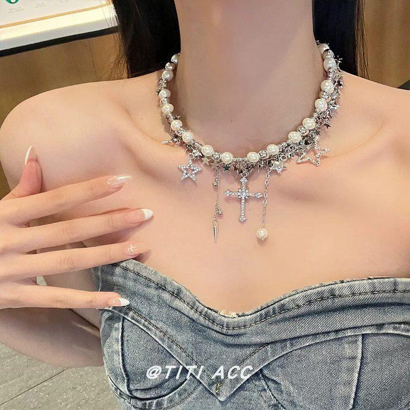 Fashion Ins Style Diamond Cross Tassel Pearl Clavicle Chain Female Fashion Sweet Cool Sexy Necklace Personality Necklace Cross Pendant Necklace
