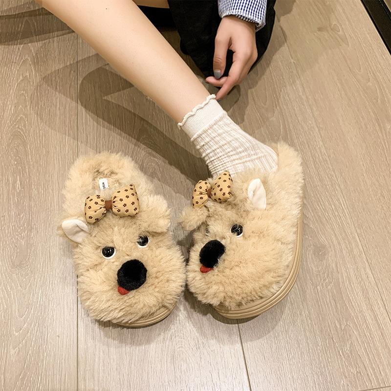 Ugly cute puppy casual fluffy shoes women's autumn and winter cute cartoon warm thick-soled slippers increase height non-slip bag head drag tide