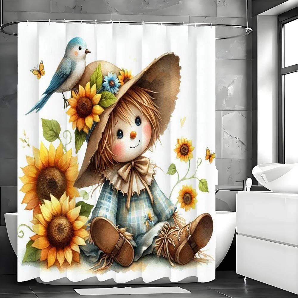 

Cute Scarecrow Bird Sunflower Floral Shower Curtain, Bathroom Decorative Shower Curtain, Waterproof Shower Curtain With Hooks W60H190(CM)-1 Pcs